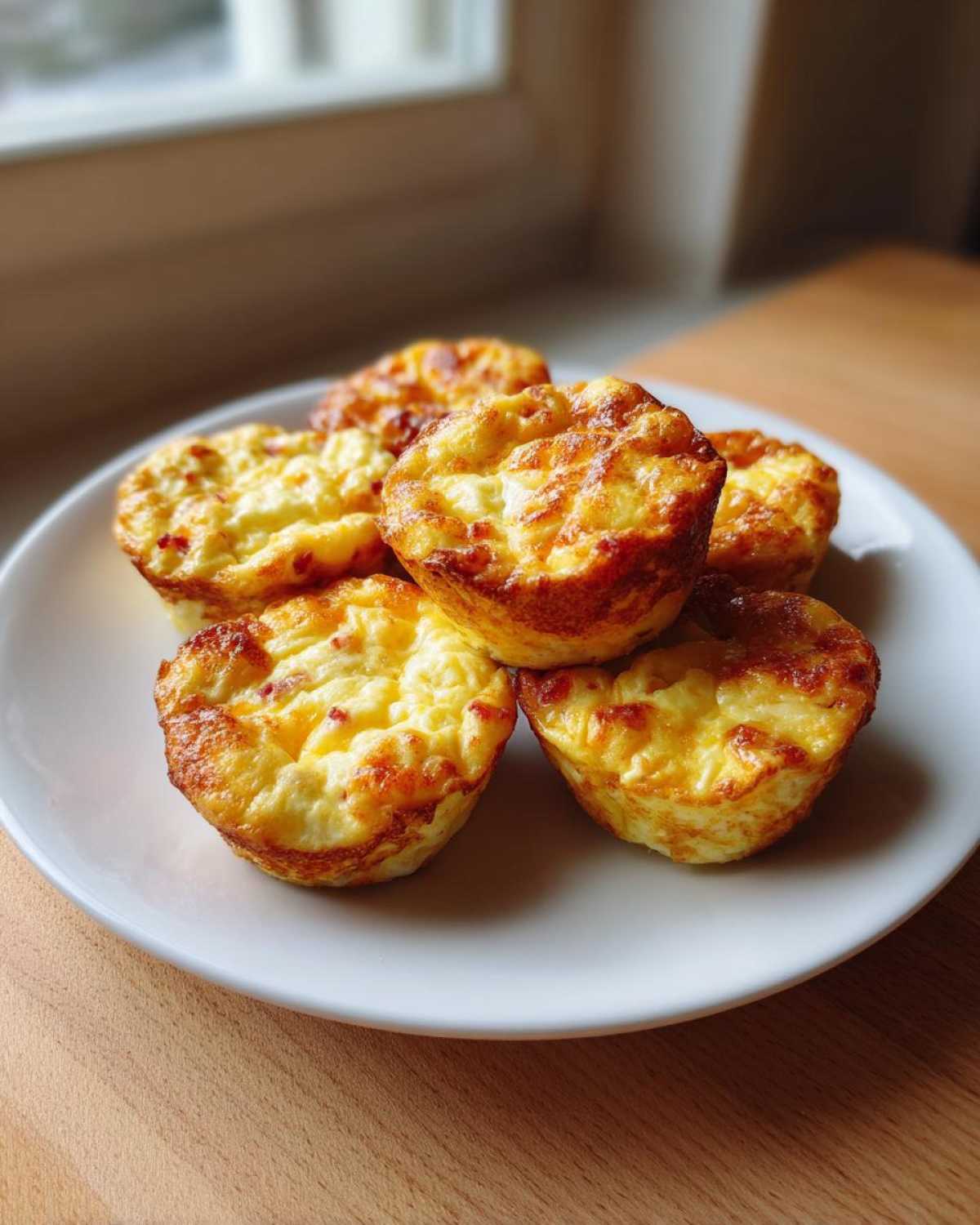 Five golden brown cottage cheese egg cups stacked slightly on a white plate, perfect for a Starbucks copycat breakfast.