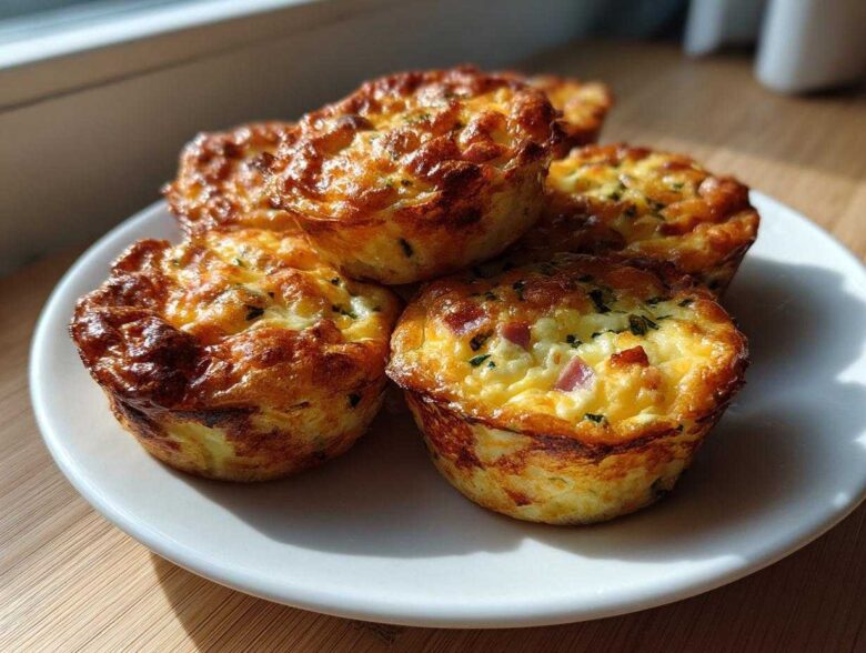 A stack of five golden brown cottage cheese egg cups starbucks style on a white plate near a window.