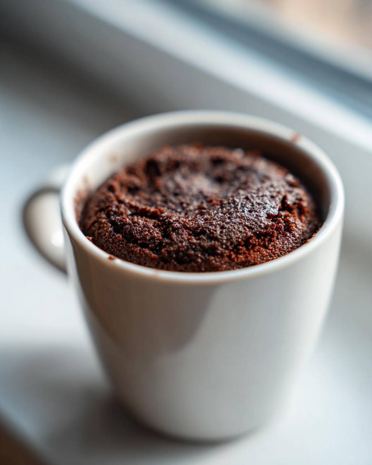 Close-up of a rich, dark chocolate Cottage Cheese Microwave Brownie baked perfectly inside a white ceramic mug.