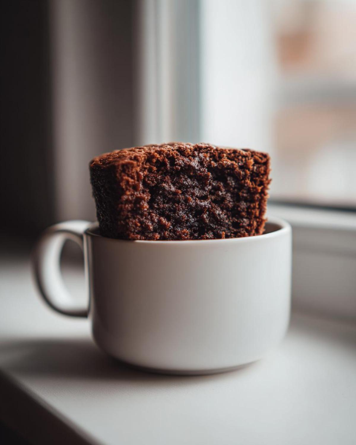 A rich, dark chocolate Cottage Cheese Microwave Brownie resting on top of a white mug.