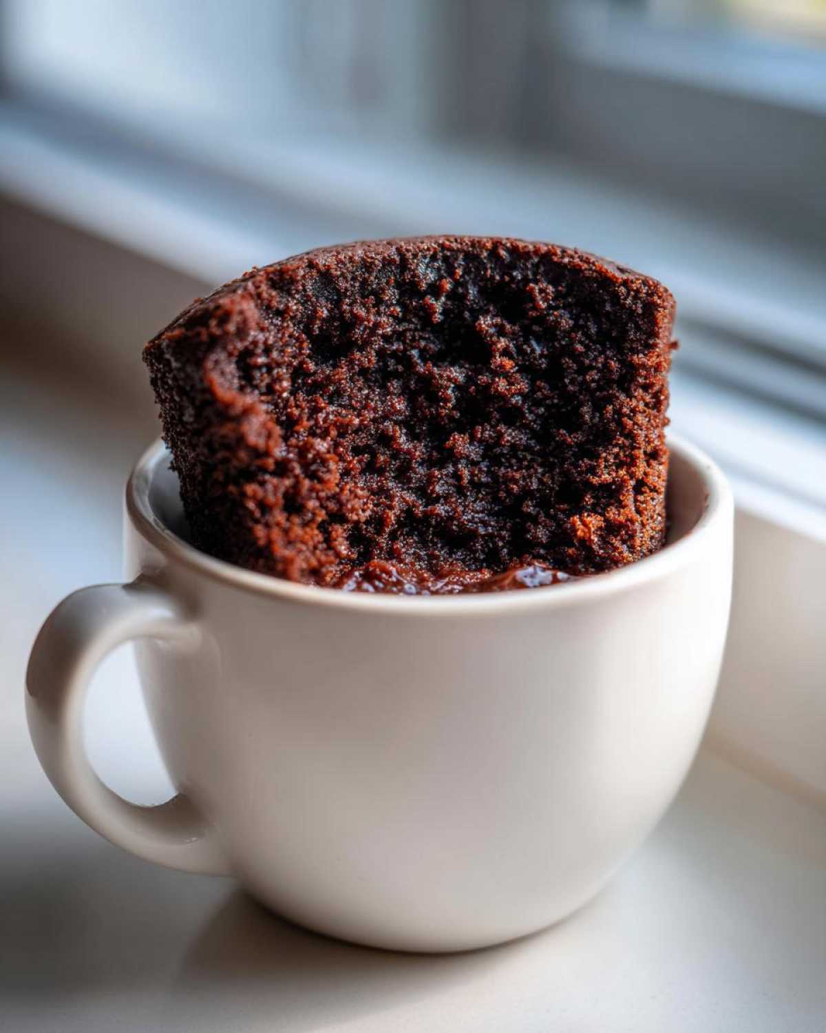 Close-up of a rich, dark chocolate Cottage Cheese Microwave Brownie baked inside a white mug.