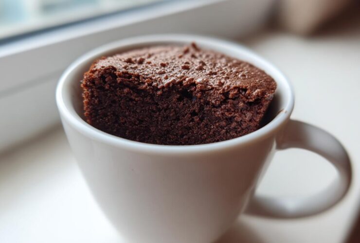 A rich, dark chocolate Cottage Cheese Microwave Brownie baked and served directly in a white mug.
