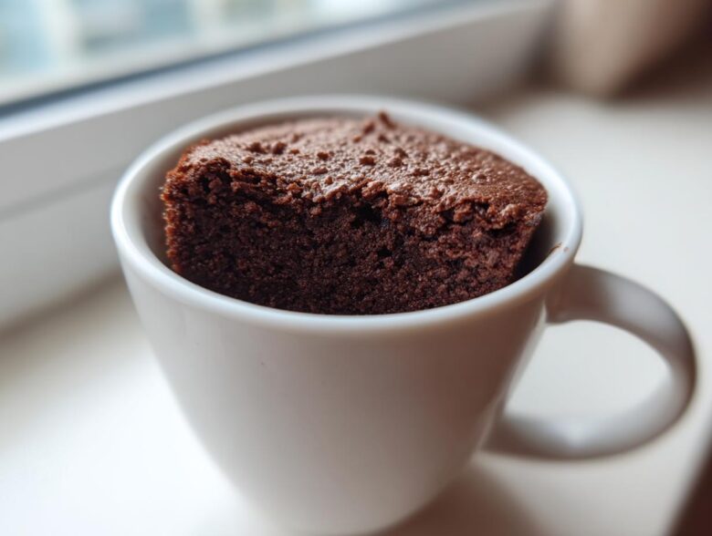 A rich, dark chocolate Cottage Cheese Microwave Brownie baked and served directly in a white mug.