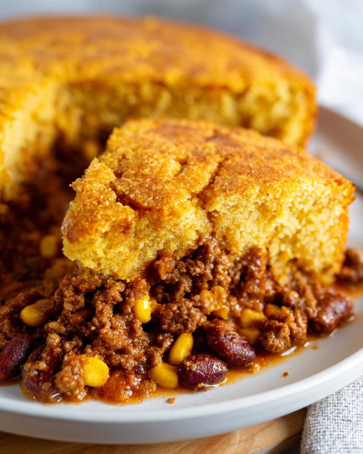 A close-up of a slice of golden cowboy cornbread casserole resting on a bed of hearty chili with beans and corn.