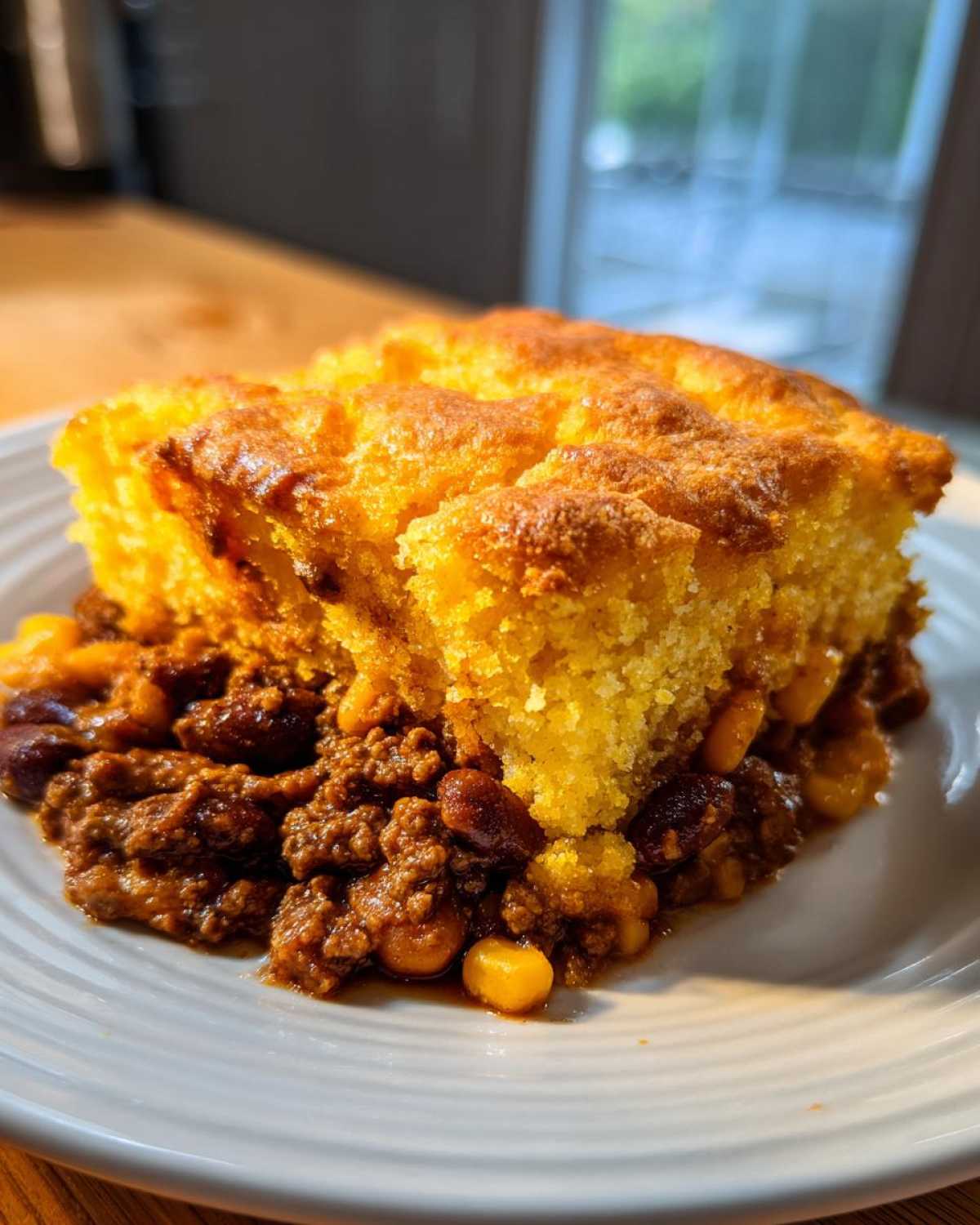 A hearty serving of cowboy cornbread casserole featuring a thick layer of golden cornbread over chili with beans and corn.