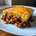 A square serving of cowboy cornbread casserole with a thick, golden cornbread top layer over a hearty chili base with ground beef, corn, and beans.