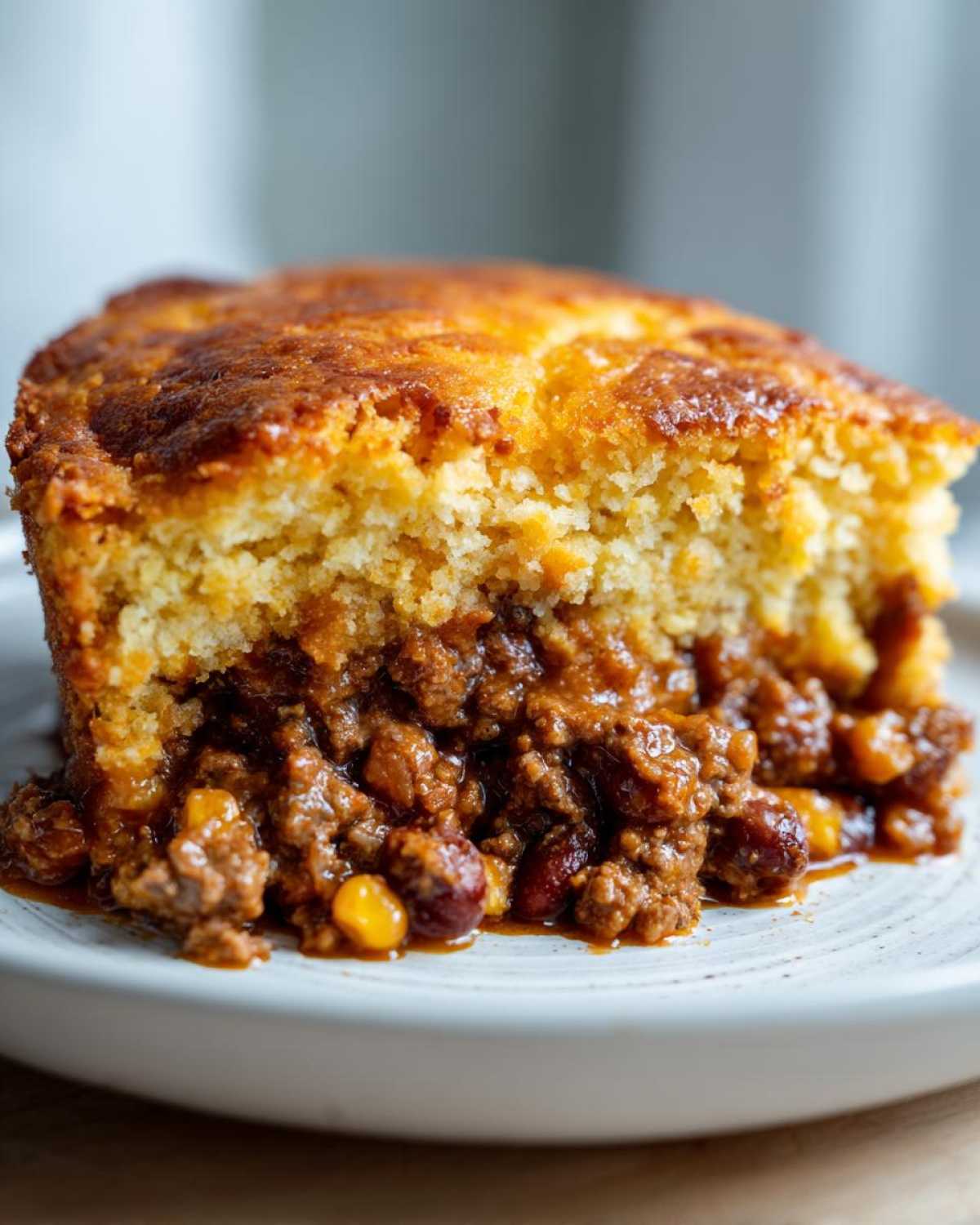 Close-up of a hearty slice of cowboy cornbread casserole showing a thick layer of chili filling beneath a golden cornbread topping.