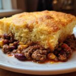 A thick slice of golden baked cornbread topping rich chili in this cowboy cornbread casserole.