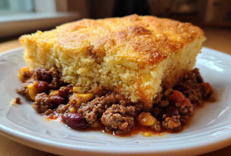 A thick slice of golden baked cornbread topping rich chili in this cowboy cornbread casserole.