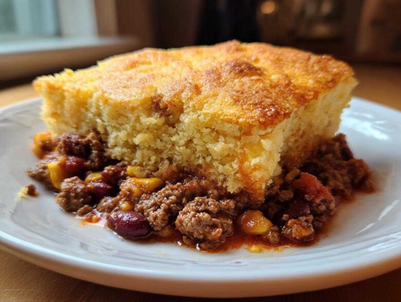 A thick slice of golden baked cornbread topping rich chili in this cowboy cornbread casserole.