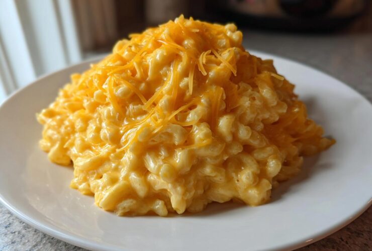 A generous serving of creamy, yellow cheesy rice topped with shredded cheddar cheese on a white plate.