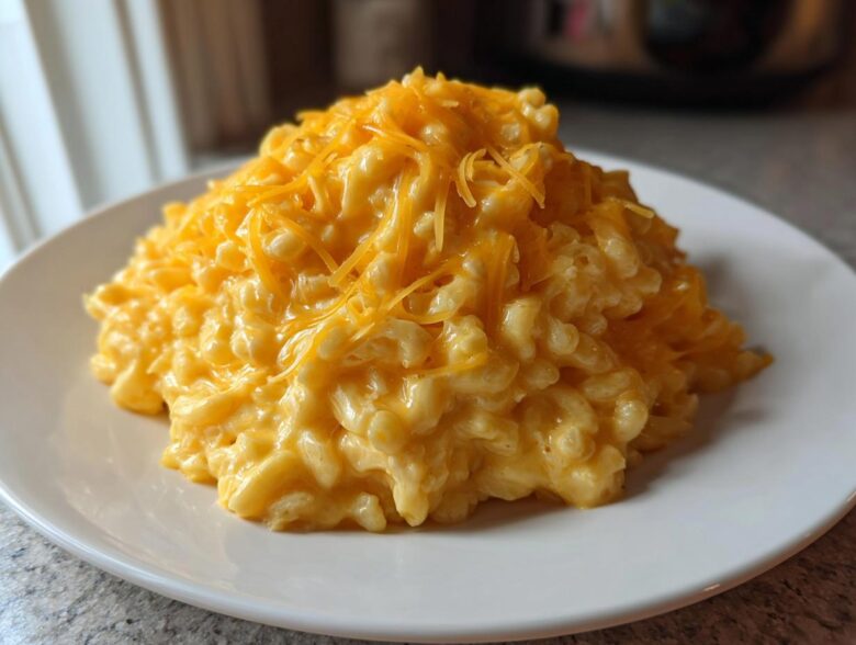 A generous serving of creamy, yellow cheesy rice topped with shredded cheddar cheese on a white plate.