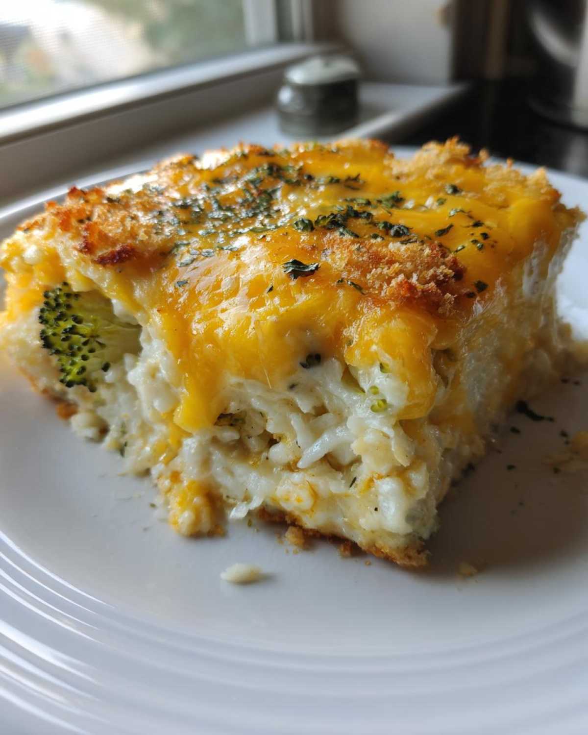A square serving of creamy chicken broccoli rice casserole topped with melted cheddar cheese and herbs.