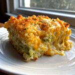 A generous serving of creamy chicken broccoli rice casserole topped with melted cheddar cheese and crunchy breadcrumbs.