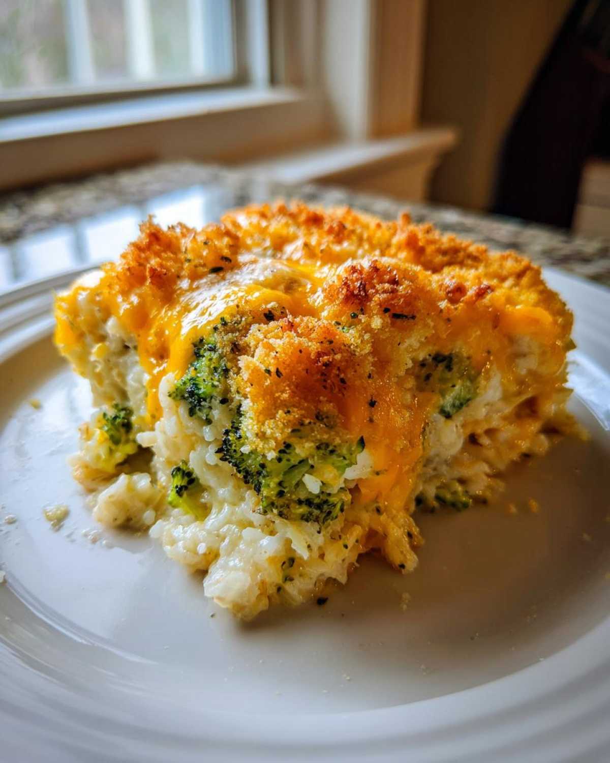 A close-up serving of creamy chicken broccoli rice casserole topped with melted cheddar cheese and crispy breadcrumbs.