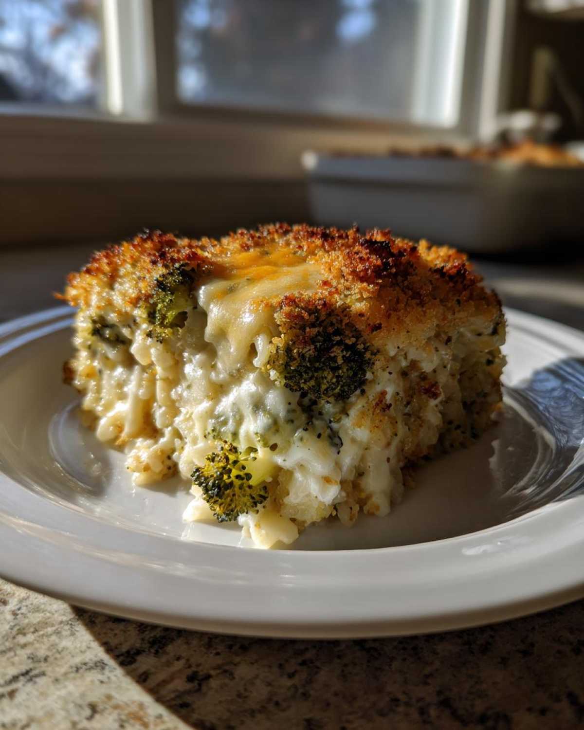 A square serving of creamy chicken broccoli rice casserole with a golden, crispy topping on a white plate.