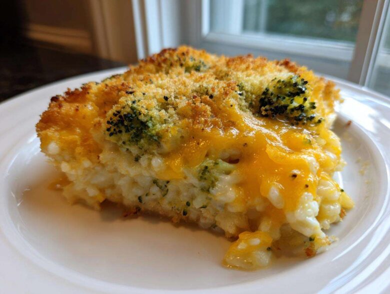 A close-up slice of creamy chicken broccoli rice casserole topped with melted cheddar cheese and breadcrumbs.