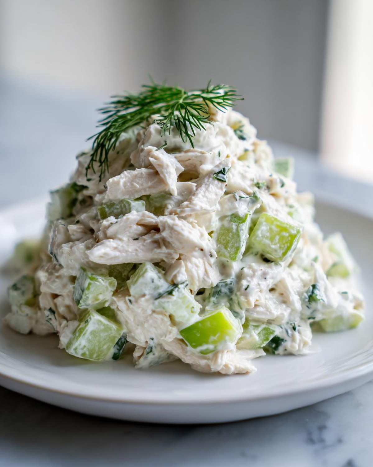 A mound of creamy cottage cheese chicken salad mixed with diced green celery or cucumber, topped with fresh dill.