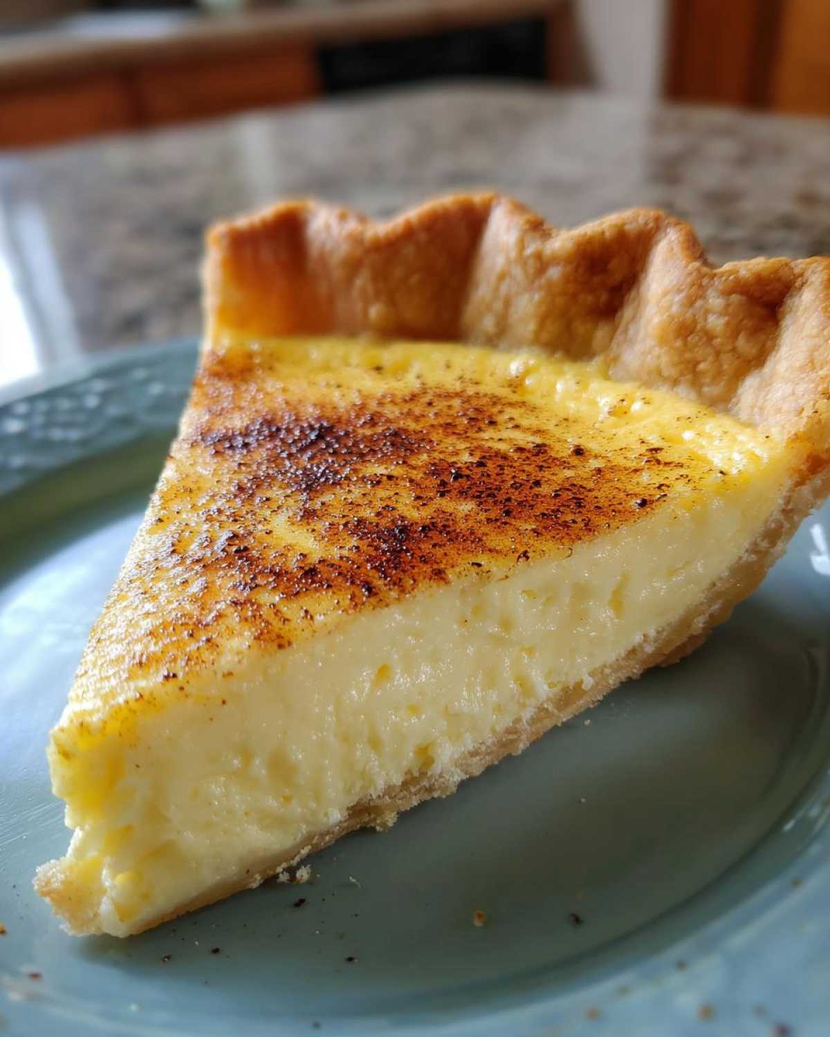 A close-up of a thick slice of creamy egg custard pie dusted with cinnamon on a blue plate.