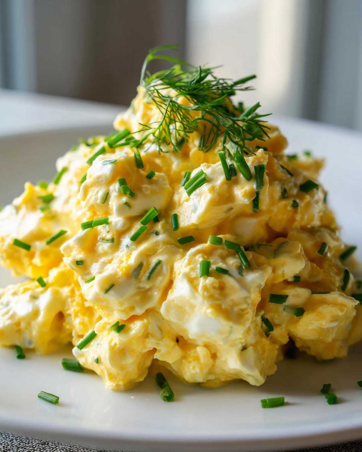 A close-up of a mound of creamy egg salad recipe, garnished with chopped chives and fresh dill.