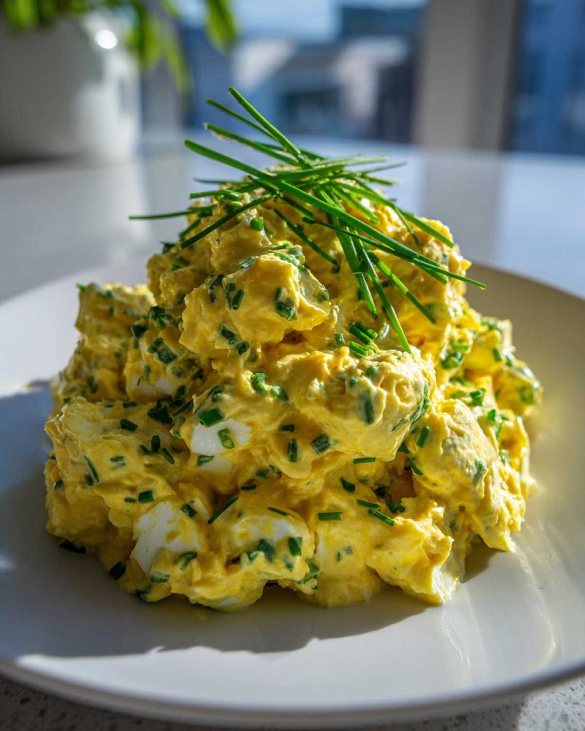A mound of creamy, yellow egg salad recipe generously topped with fresh, bright green chives on a white plate.