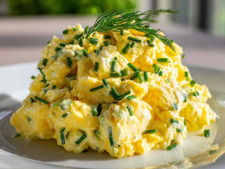 Close-up of a mound of creamy egg salad recipe garnished with fresh chopped chives and dill.