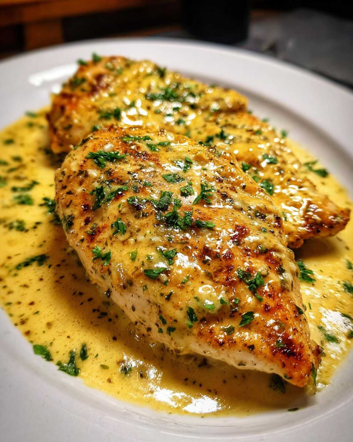 Two golden-brown chicken breasts smothered in a rich, creamy lemon sauce and topped with fresh parsley.