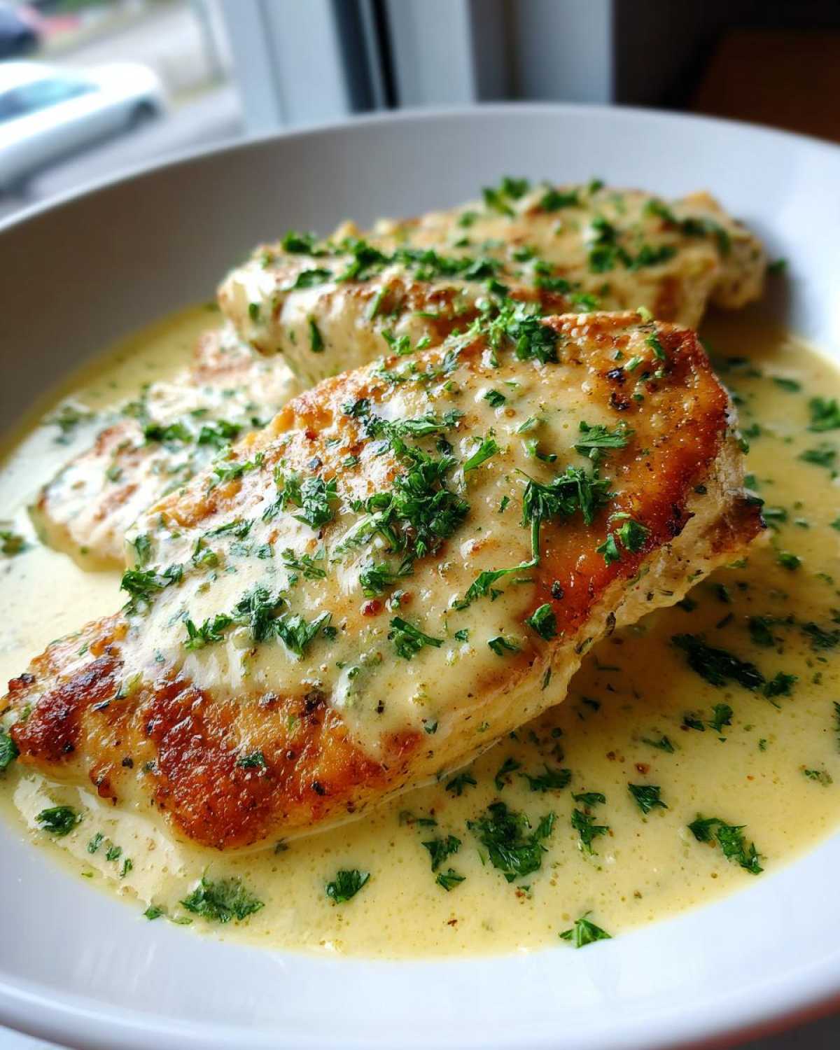 Two golden-brown chicken breasts covered in a rich, creamy lemon sauce and garnished with fresh parsley.