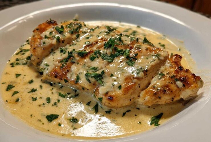 Close-up of pan-seared chicken breasts covered in a rich, creamy lemon chicken sauce and topped with fresh parsley.
