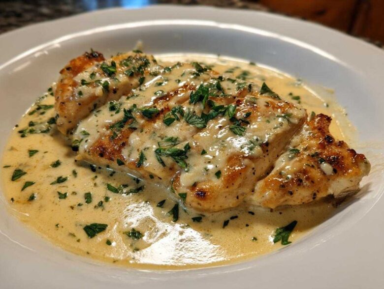 Close-up of pan-seared chicken breasts covered in a rich, creamy lemon chicken sauce and topped with fresh parsley.