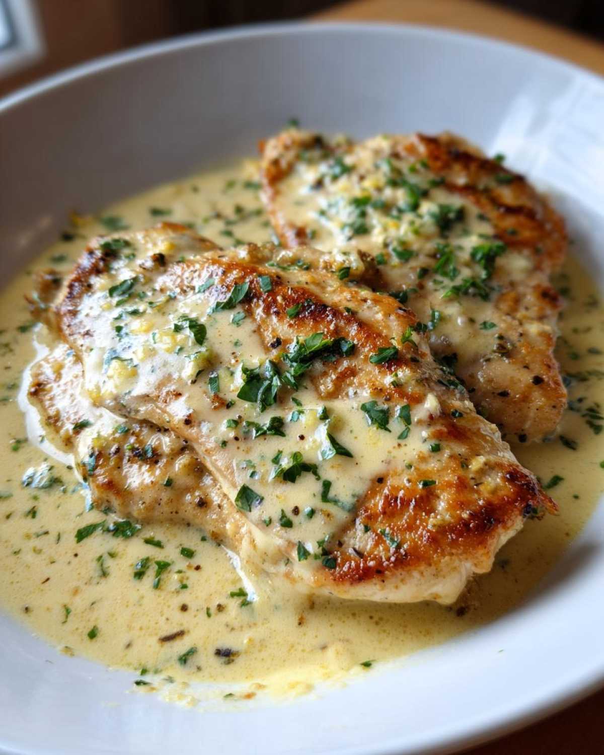 Two pan-seared chicken breasts covered in a rich, creamy lemon sauce and garnished with fresh parsley.