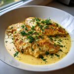 Two golden-brown chicken breasts smothered in a rich, creamy lemon sauce and topped with fresh chopped parsley.