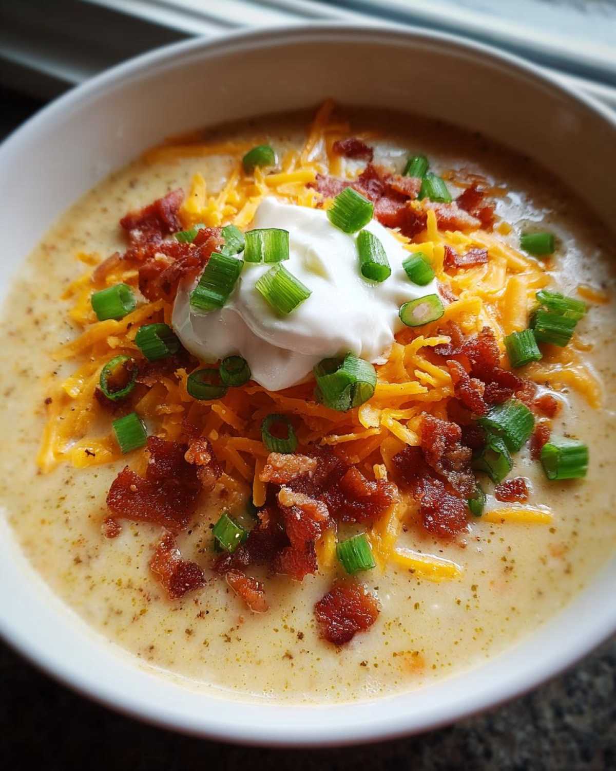 A close-up of a creamy bowl of loaded baked potato soup topped with shredded cheddar, bacon bits, sour cream, and green onions.