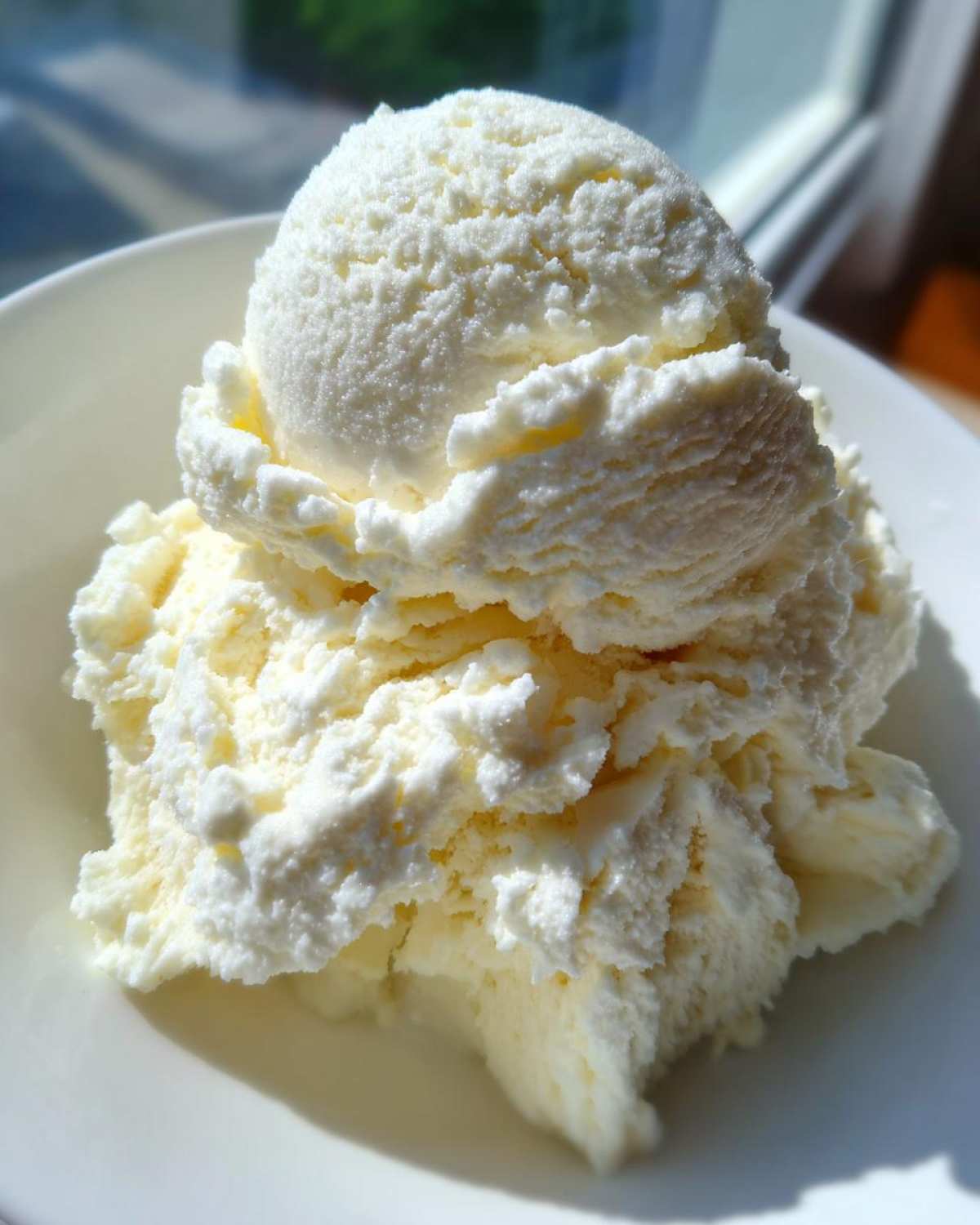 Close-up of two scoops of creamy, white protein ice cream served in a white bowl, brightly lit by sunlight.