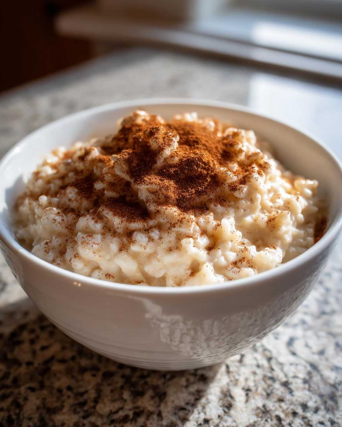 A close-up of creamy rice pudding in a white bowl, generously topped with ground cinnamon.