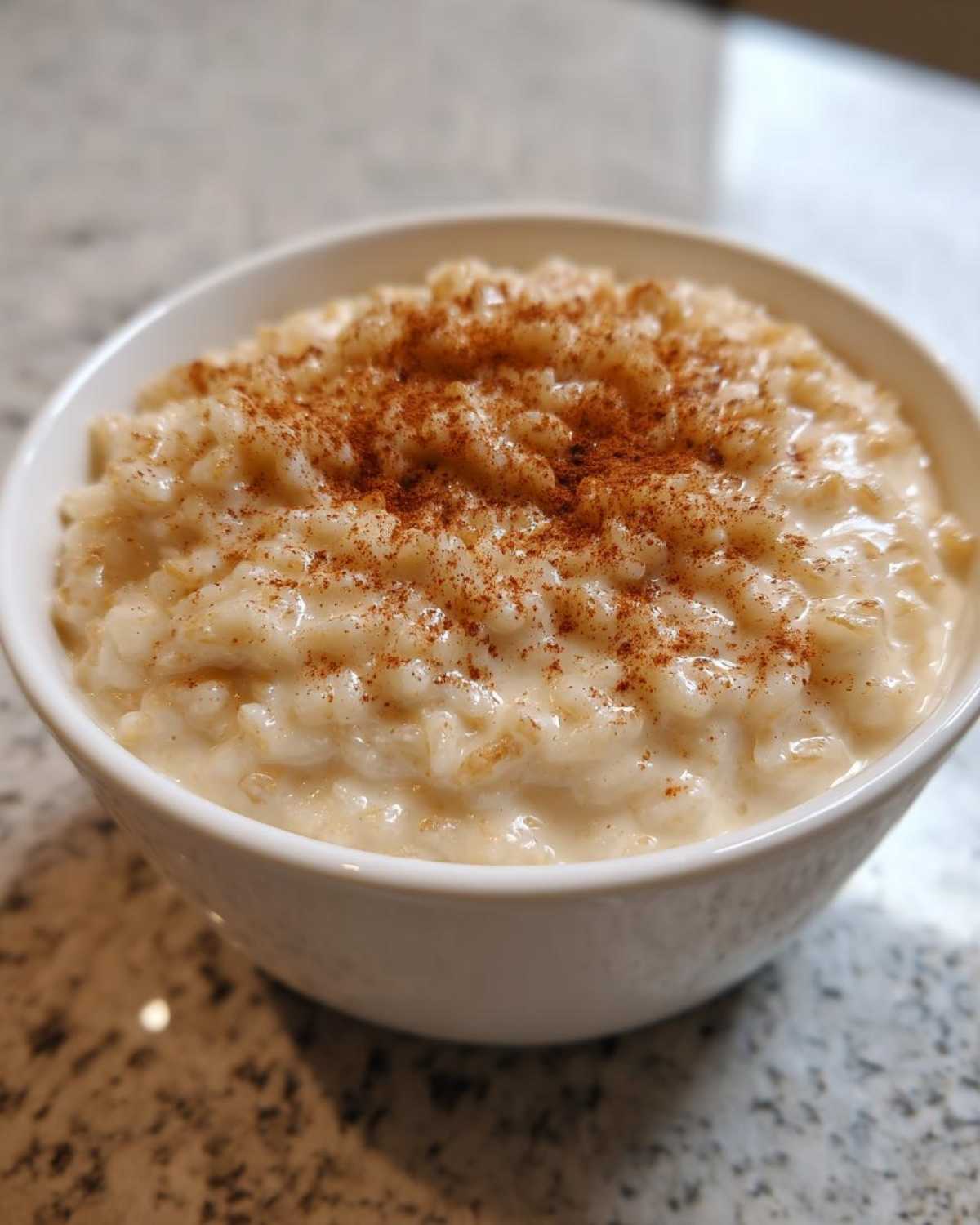 A close-up of creamy rice pudding in a white bowl, generously dusted with cinnamon.
