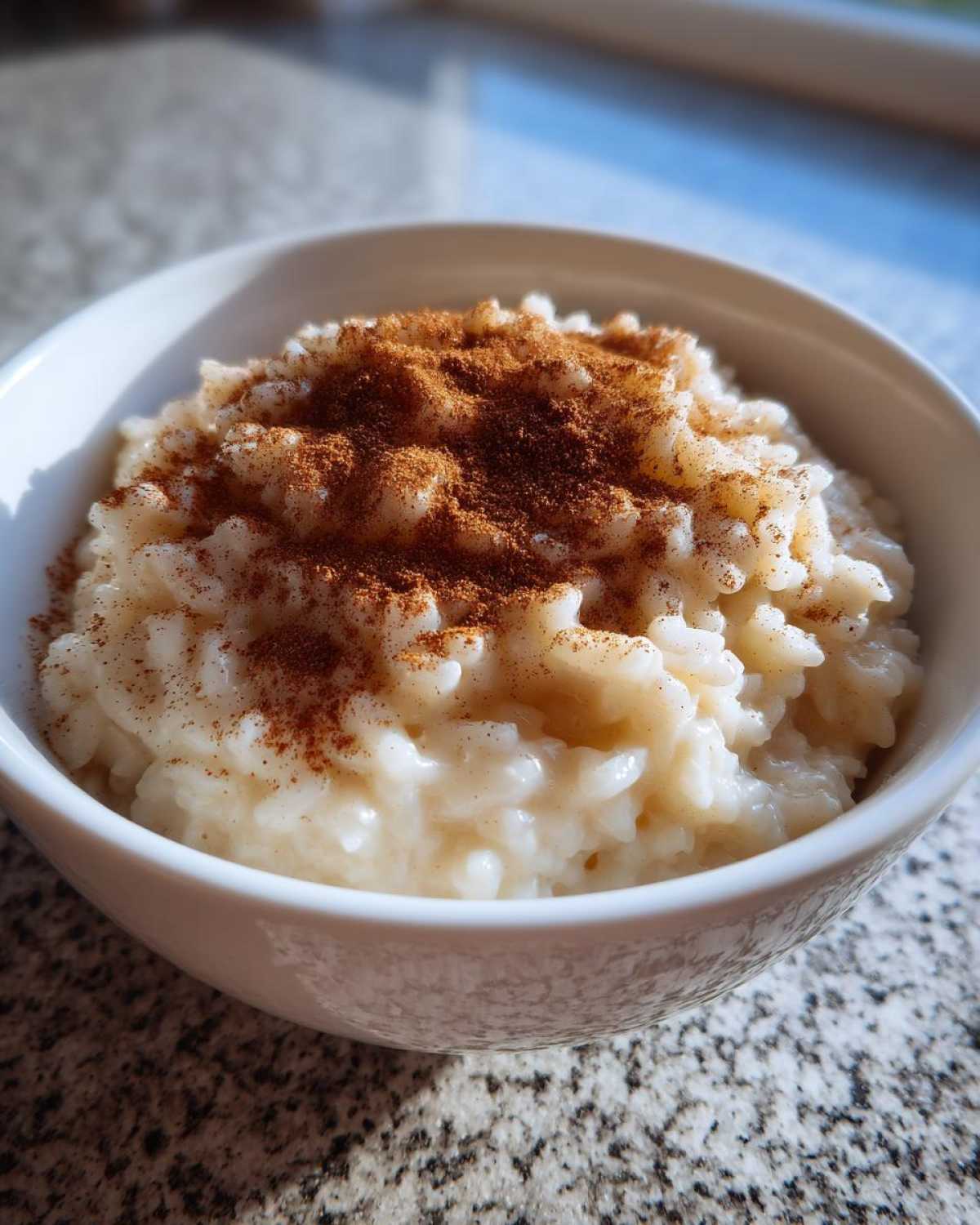 Close-up of creamy rice pudding in a white bowl, generously topped with ground cinnamon.