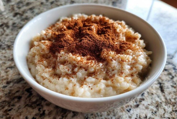 Close-up of creamy rice pudding served in a white bowl, generously dusted with cinnamon.