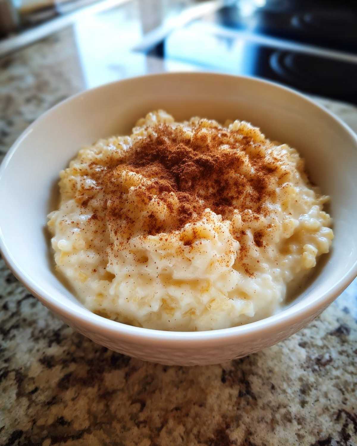Close-up of a white bowl filled with creamy rice pudding topped generously with ground cinnamon.