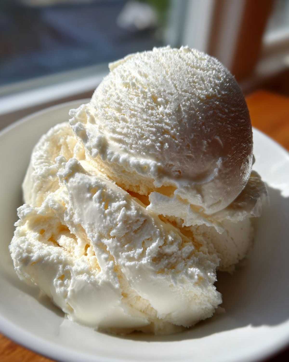 Close-up of two scoops of creamy, white protein ice cream served in a white bowl, highlighted by sunlight.