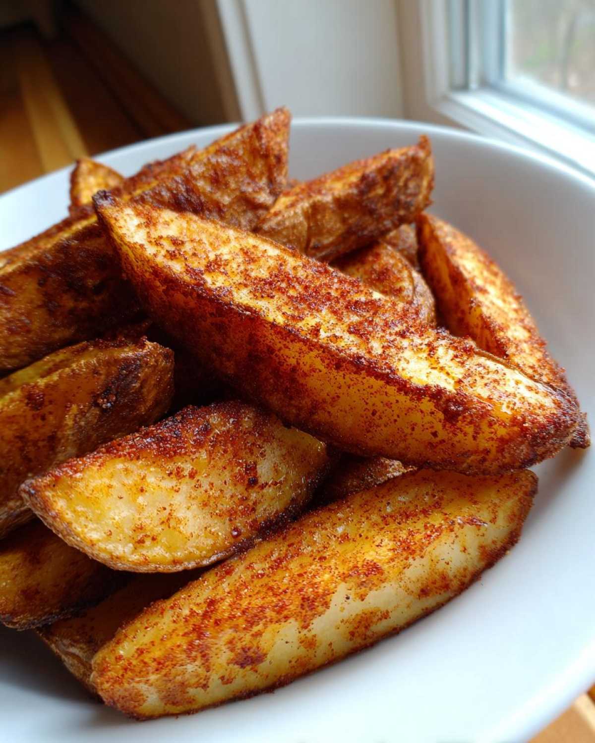 A close-up of perfectly cooked, golden brown air fryer potato wedges heavily seasoned with paprika, served in a white bowl.