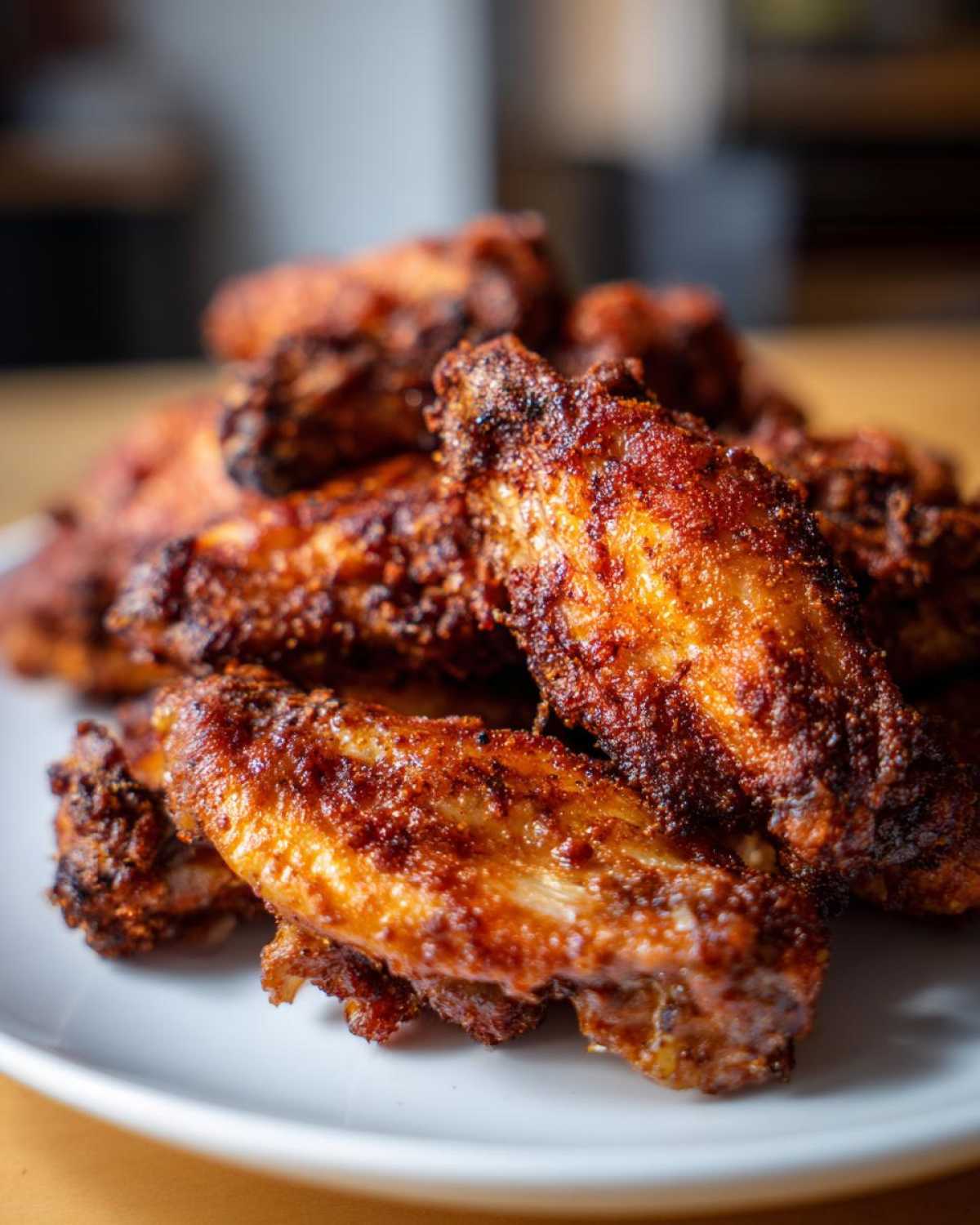 A close-up shot of perfectly seasoned and crispy baked chicken wings piled on a white plate.