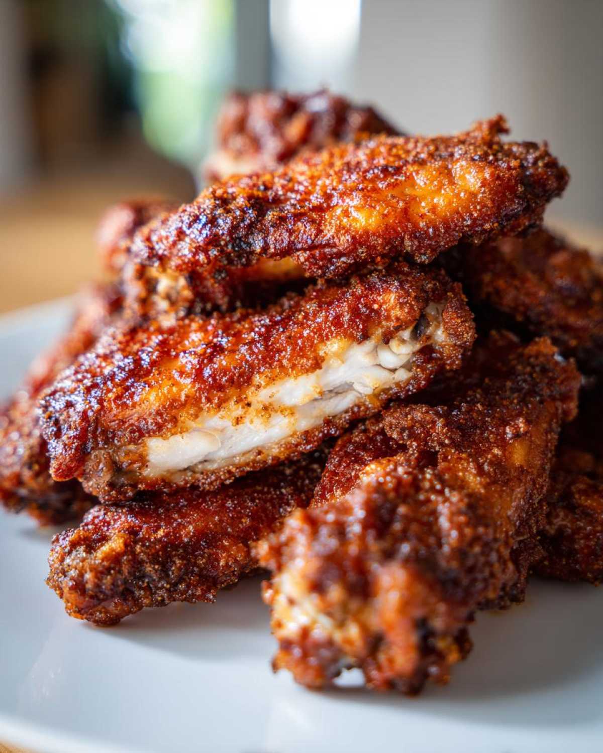 A close-up stack of perfectly seasoned and crispy baked chicken wings, showing the white meat inside one cut wing.