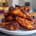 A close-up of a large pile of perfectly seasoned and crispy baked chicken wings on a white plate.