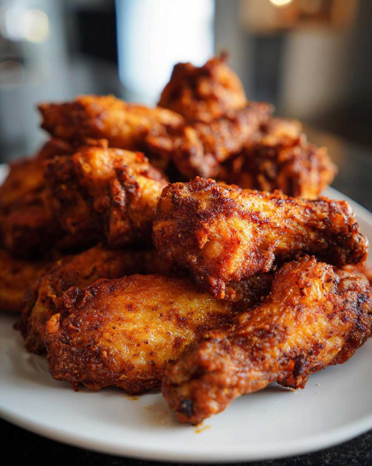 A close-up of a generous pile of golden brown, crispy baked chicken wings seasoned with spices.