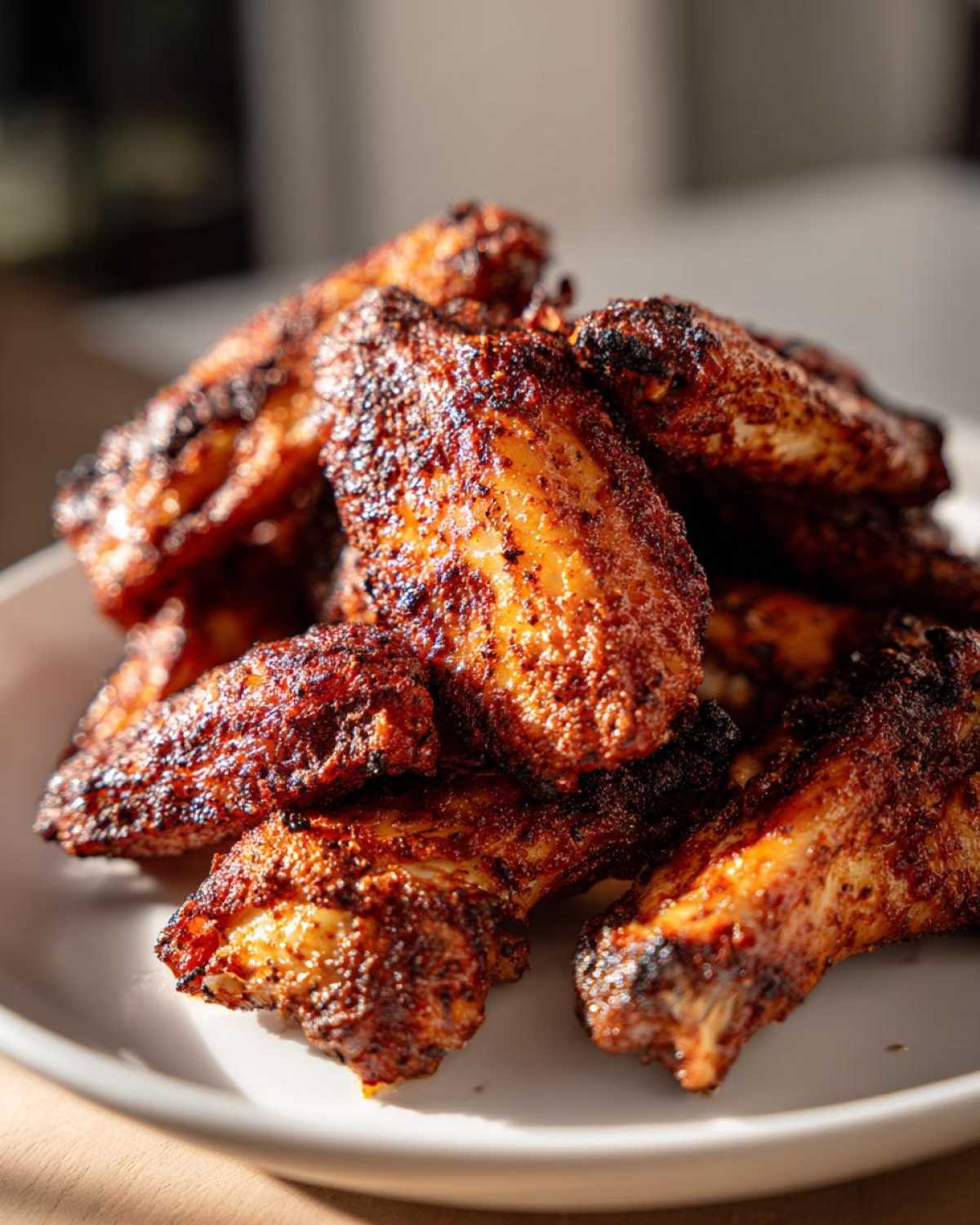 Close-up of a pile of perfectly seasoned and crispy baked chicken wings on a white plate.