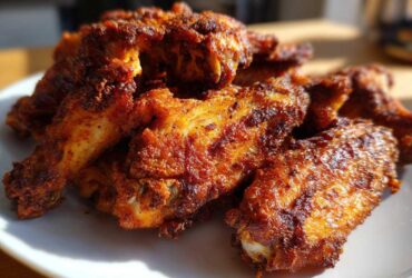 Close-up of a pile of golden-brown, seasoned, crispy baked chicken wings resting on a white plate.