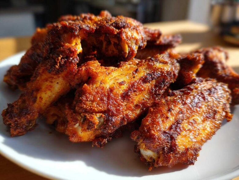 Close-up of a pile of golden-brown, seasoned, crispy baked chicken wings resting on a white plate.