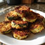A stack of golden brown, crispy baked parmesan zucchini slices piled on a white plate.
