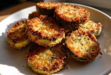 Close-up of golden brown, crispy baked parmesan zucchini slices piled on a white plate.